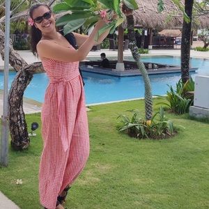 J.Crew Tie-waist linen jumpsuit in gingham orange size 4